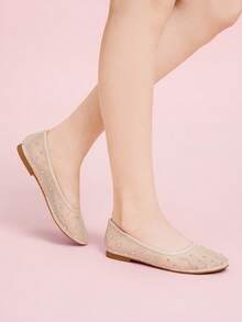 CUCCOO DOLLMOD Women's Fashion Apricot Flat Mesh Rhinestone Embellished Slip-On Shoes - Apricot - View 2