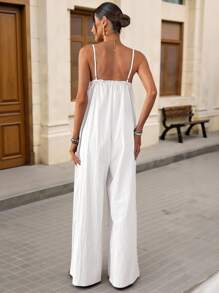 Brillora 女士纯色荷叶边宽腿宽松连体裤，适合度假 - 白色 - 查看 2