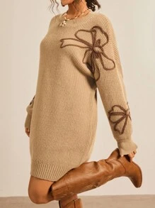 Freevana Plus Size Women Floral Embroidery Pattern Dropped Shoulder Loose Knit Sweater Dress, Casual Everyday Wear, Autumn/Winter Knit Dress Earth Tone Dress Autumn Dress Fall Clothes For Women Winter Clothes For Women Business Casual Woman Fall Clothes Plus Size Boho Rave Fairycore Office Autumn Festival Alt