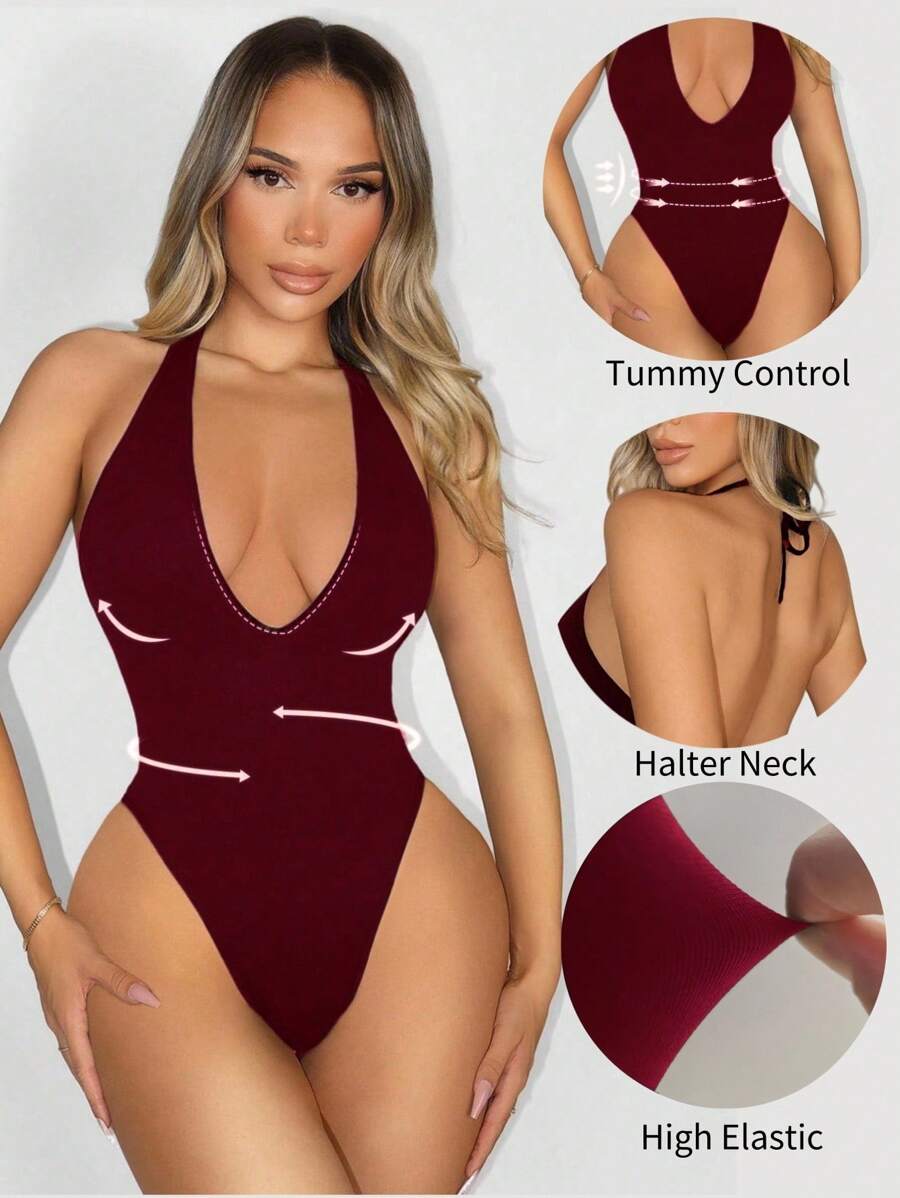 Sirith One-Piece Suit Seamless Knit Deep V-Neck Backless Halter Bodysuit - Burgundy - View 1