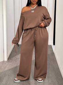 Slaydiva Ensemble 2 pièces ample à manches longues avec une épaule inclinée, un Top avec cordon élastique à la taille et poches, et un pantalon à jambes larges. Couleur brun foncé. Convient pour l'automne/hiver, le retour à l'école, le style de rue, les sorties, le travail, l'aéroport, les fêtes, le quotidien, etc. - Tabac - Voir 5