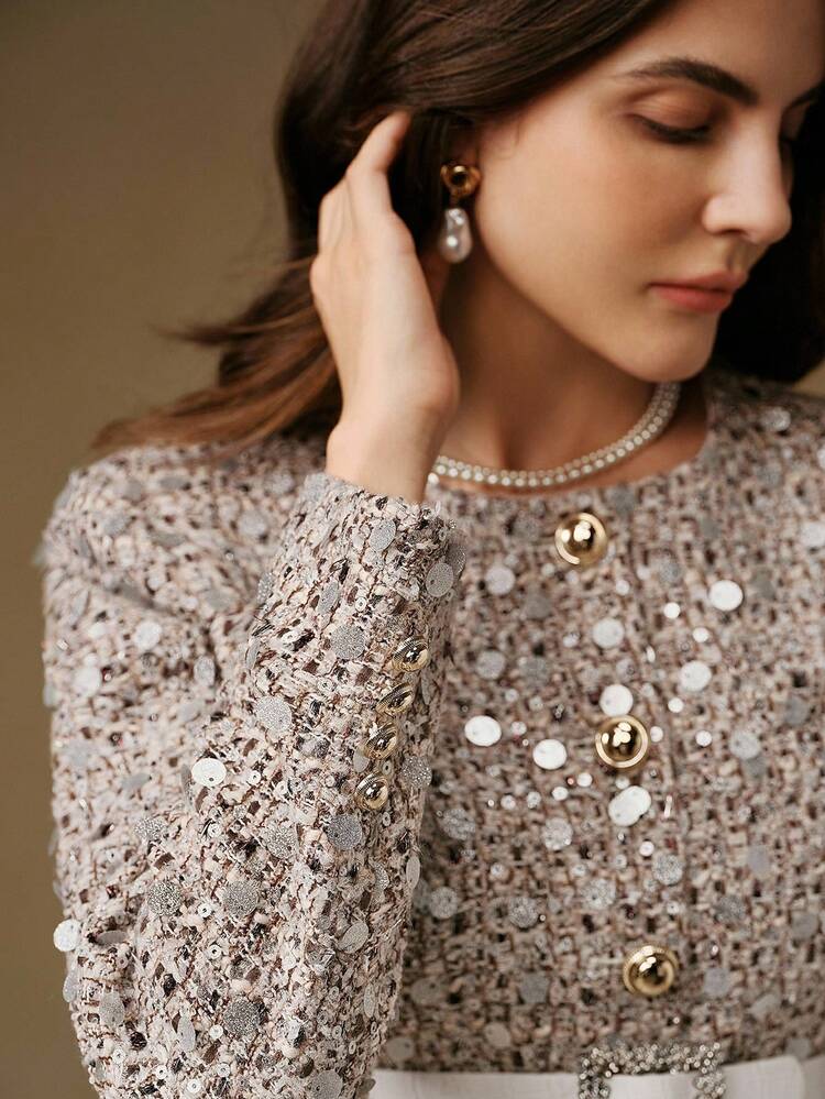 Women's Sequin Embellished Round Neck Long Sleeve Elegant Short Wool Blend Jacket