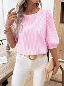 EMERY ROSE Pink Stripe Puff Sleeve Blouse With Button Detail And Round Neck For Casual Wear Pink Striped Top Puff Sleeve Top Summer Top Pink Blouse Striped Blouse - Pink - View 3