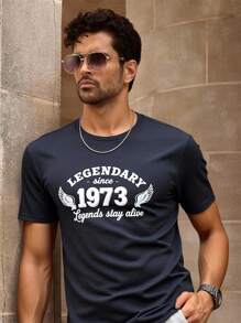 Manfinity VCAY LEGENDS STAY ALIVE Legendary Letter Print Men's Dark Gray Fitted Texture Fabric Round Neck Short-Sleeved T-Shirt, Graphic Tee, Going Out Tops,Basic Tops,Summer,Black Top,Back To School,4th Of July - Dark Grey - View 3