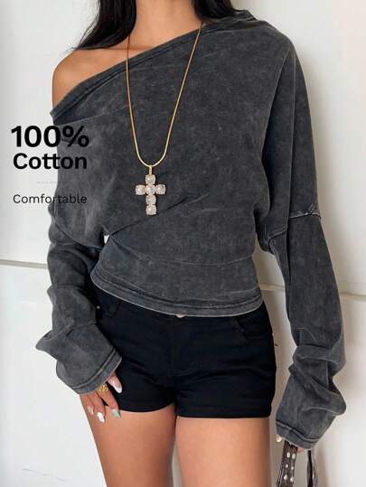 SHEIN EZwear Washed One Shoulder Casual Loose Fit Long Sleeve Sweatshirt For Women,Y2k Clothes,Streetwear, In Fall/Winter