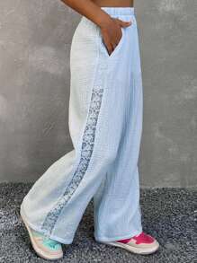 Coolane Kids 青少年女孩春夏休闲蕾丝拼接阔腿裤 - 藍色 - 查看 3