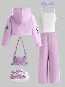 3件套少女休闲时尚百搭蝴蝶结豹纹英文字母图案长袖短款连帽衫+吊带背心+裤子套装，秋冬