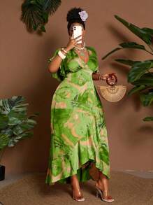 Maweii 大码扎染印花荷叶边下摆休闲度假连衣裙