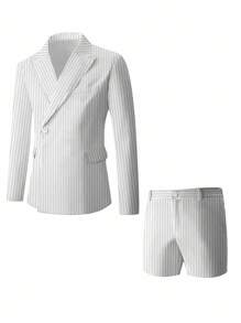 Manfinity Bizformal 男士商务休闲条纹长袖西装外套和短裤套装男士两件套西装套装男士两件套细条纹西装男士男士服装两件套男士细条纹短裤套装 - 白色 - 查看 3
