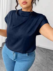 SHEIN LUNE Plus Size Women's Elegant Black Poplin Solid Color Shirt, Spring/Summer - Navy Blue - View 5