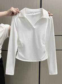 SHEIN 少女白色百搭方形 V 领长袖 T 恤，设计师风格，夏季休闲 Polo 衫，齐腰长款，修身剪裁，干净的女孩 - 白色 - 查看 3