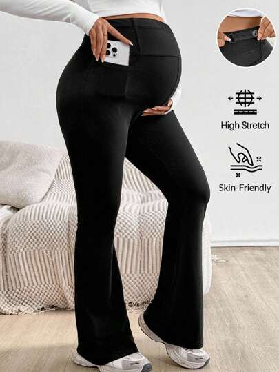 SHEIN Maternity Adjustable Waist Skinny Flared Long Pants With Super High Waist  Fall Women Clothes