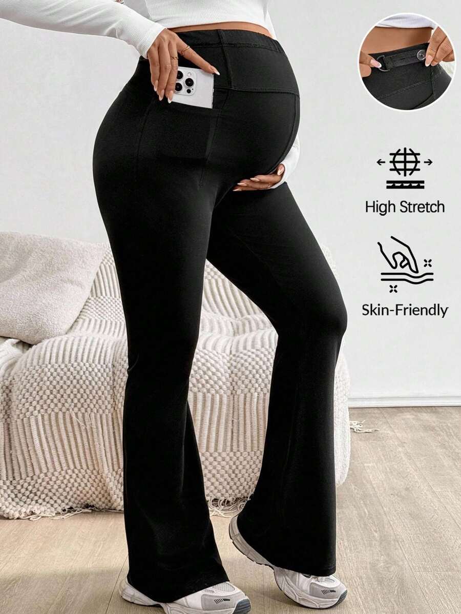 SHEIN 孕妇可调节腰部紧身喇叭裤,超高腰,长款 - 黑色 - 查看 1