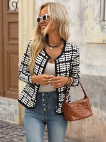 Brillora Women's Houndstooth Long Sleeve Single-Breasted Casual Round Neck Jacket, Tweed Jacket Women, Plaid Jacket Women, Women Casual Jacket, Houndstooth Jacket,Bohemian,Boho Chic,Boho Women Clothing,Western Wear Women,Western, Houndstooth Blazer Women,Fall Clothes,Women's Fall Clothes,Winter Jacket,Business Casual Woman