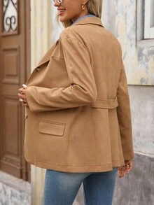 Brillora 休闲通勤纯色仿麂皮棕色西装外套，适合秋季、冬季、商务休闲场合，也适合万圣节、外出等场合，尽显老钱风范。 - 卡其色 - 查看 3