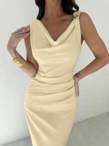 Firerie Damen weißes asymmetrisches Hals-Drapierung Rüschen Taille Midi-Kleid, sexy & elegantes Pendlerkleid, Urlaubskleid, Mode & modern, Frühling/Sommer Bekleidung, Pendeln, Elegant, Sexy, Urlaub, Strand, Hawaii, Hochzeitssaison, Abschlussfeier, Abiball