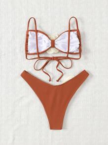 SHEIN Swim Bãi biển mùa hè dành cho nữ 3d chi tiết hoa Áo lót & Bộ đồ bơi dưới đáy Bộ đồ tắm - màu nâu - Xem 2