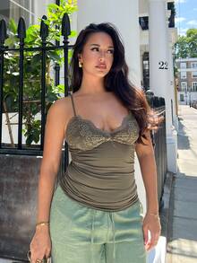 NegzBox Contrast Lace Bow Front Y2k Cami Top - Army Green - View 4