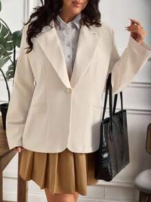 SHEIN Cottnline Plus Size Women's Solid Color Lapel NeckLong Sleeve Single Button Casual Blazer - Beige - View 4