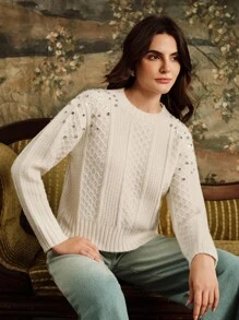 Anewsta eleganter einfarbiger Jacquard-Pullover mit Diamantenverzierung, Herbst/Winter - Beige - Übersicht 3