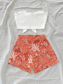 SHEIN WYWH Bộ đồ liền thân họa tiết vỏ sò dễ thương vẽ tay hình vỏ sò màu cam và xanh dương, trang phục 2 món cho nữ, phù hợp cho mùa hè và đi biển - Nhiều màu - Xem 2