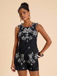 SHEIN TRVLCHIC 2 件套女士休闲纯色梭织印花无袖背心和高腰宽松短裤套装 - 彩色 - 查看 5