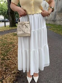 Jeta Ari Ruffle Skirt Boho Long Skirt Break Solid Frill Trim Ruffle Hem Skirt - White - View 4