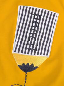 SHEIN 2 件装年轻男孩学校风格刺绣铅笔条纹休闲短裤，夏季百搭，适合上学、日常外出、度假、度假、旅行、放松、日光浴、返校季 - 黃色 - 查看 3