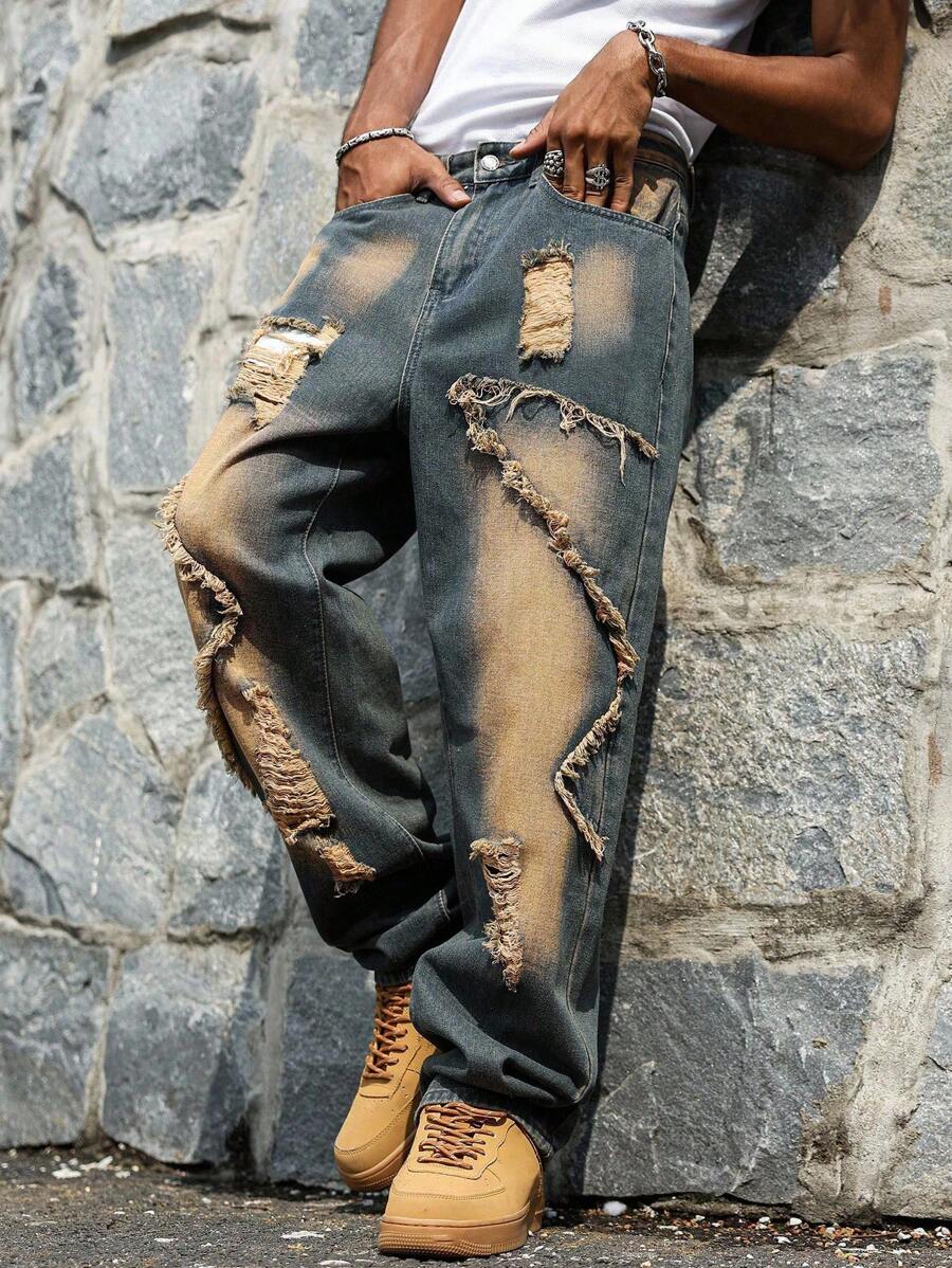 Manfinity EMRG Men's Avant-Garde Hip Hop Streetwear Button Destroyed Wide-Leg Jeans Hang Out Street College - Blue - View 1