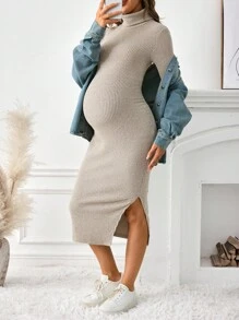 MaterniWear Vestido de punto midi para mujeres embarazadas, vestido ajustado de cuello alto y longitud hasta la rodilla para embarazadas en otoño/invierno - Albaricoque - Ver 4