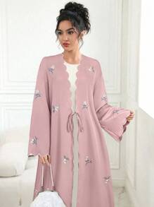 Al Najma 撞色装饰碎花刺绣系带和服长袍 - 粉色 - 查看 2