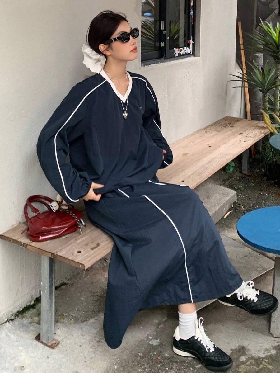 DAZY 韩版女士休闲V领上衣和休闲半裙两件套，秋冬款 - 藍色 - 查看 1