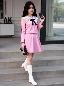 Tween Girl 粉色碎花雪纺长袖单排扣夹克和中长裙优雅套装 - 粉色 - 查看 1