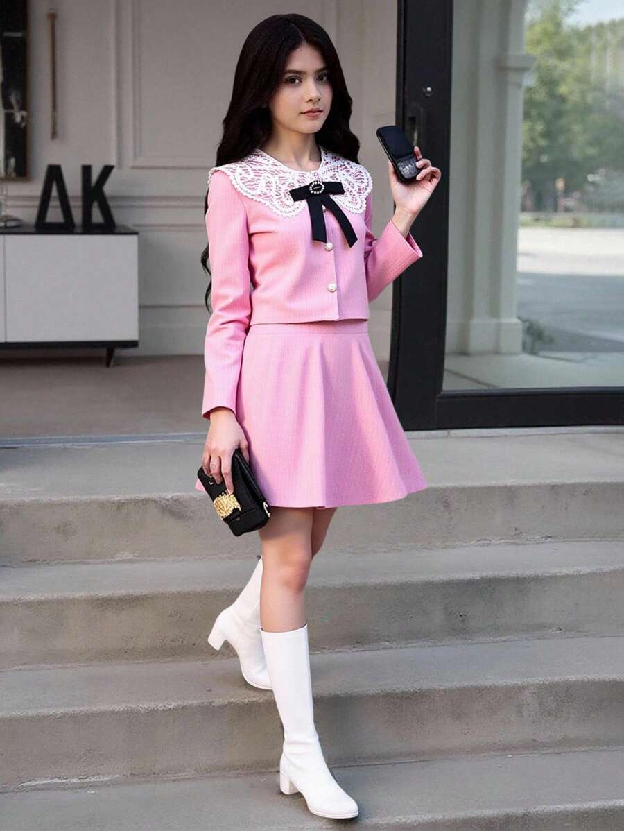 Tween Girl 粉色碎花雪纺长袖单排扣夹克和中长裙优雅套装 - 粉色 - 查看 1