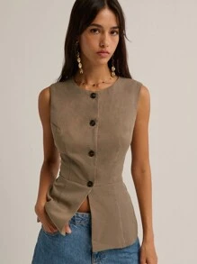 Nöista Casual Plaid Cinched Waist Sleeveless Jacket - Multicolor - View 5