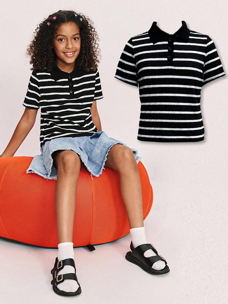 SHEIN Tween Girl Casual Minimalist Comfortable Contrast Color Striped Polo Shirt ,Back To School Season, Christmas - Black - View 1