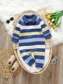 SHEIN 1 件婴儿针织连体衣，小领长袖休闲条纹连体衣 - 彩色 - 查看 6