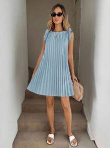 Easowa Vestido mini plisado rosa con mangas acampanadas con volantes, adecuado para vacaciones de verano románticas y atuendo para citas