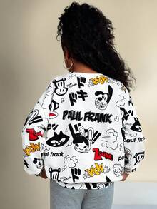 Paul Frank X SHEIN Tween Girl Fall/Winter Cartoon&Letter Graphic Oversize Pullover Sweatshirt,White With Black Polka Dots,Autumn,Streetwear,School,Back-To-School,Thermal - White - View 3