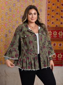 EMERY ROSE Jaket Denim Wanita Ukuran Besar Motif Bunga Lengan Lonceng Hem Berlipit Kancing Tunggal - Olive Green - View 3