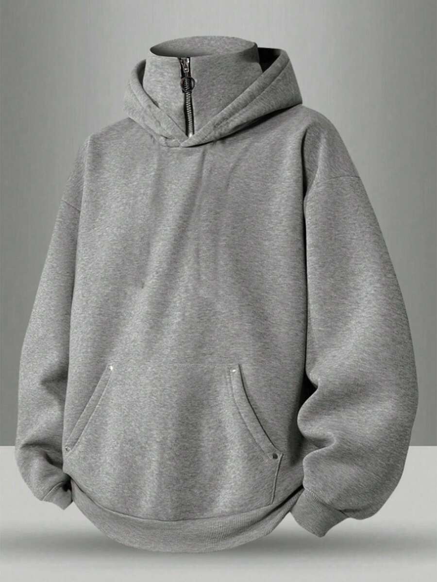 SHEIN Teen Boys' Face Cover Stand Collar Grey Double-Layer Hooded Sweatshirt,Oversized Winter Back-To-School Casual Comfortable Soft Fashion Autumn Hoodies