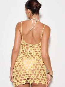 KIZN Vestido mini hecho a mano de ganchillo con flores, cubierta de traje de baño, vestido de verano con cuello de halter, estilo bohemio chic para playa y vacaciones - Amarillo - Ver 2