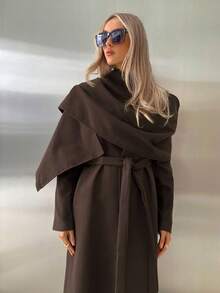 Aloruh 秋冬女士时尚裹身设计咖啡色大衣披肩+夹克 - 咖啡棕 - 查看 5