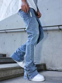 Manfinity EMRG Quần jeans ống loe denim trơn màu, có túi xếp ly, thường ngày dành cho nam, quần jeans dạo phố nam - Rửa nhẹ - Xem 5