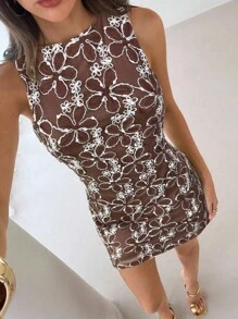 Aloruh Vestido Curto Feminino Sexy Sem Costas, Bordado em Chiffon, Silhueta em A, Adequado para Férias na Primavera/Verão - Castanho - Visão 6
