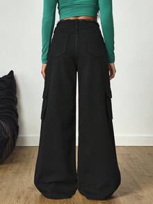SHEIN Tall 高腰寬腿工裝牛仔褲，附磨損腰帶與口袋，適合高個女性 - 黑色 - 查看 2