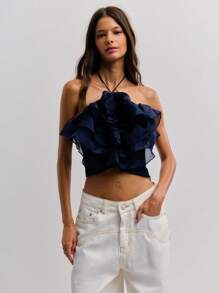 Women's Solid Color Exaggerated Ruffle Halter Neck Tank Top - Navy Blue - View 7