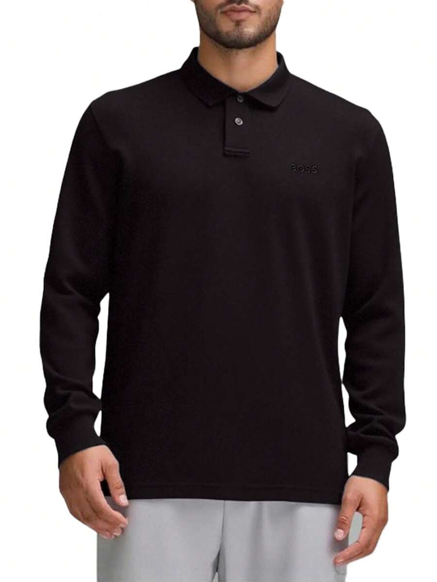 Hugo Boss 男士休闲 Polo 领长袖百搭 T 恤 - 001 Black - 查看 1