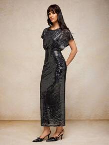 House of One Shiny Black Mesh Dolman Sleeve Cinched Waist Party Midi Dress Women Elegant Dress Old Money Fall Clothes Fall Outfits Business Professional Women Business Casual Woman