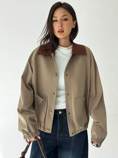 Aloruh Women's Contrast Color Lapel Drop Shoulder Long Sleeve Single-Breasted Casual Regular Jacket Fall Women Winter For Women Women's Casual Color Block Collar Jacket, Spring/Autumn,Graduation,Back To School Fall Fall For Women All Women Fall For Women Fall Autumn Women's Fall Winter For Women Winter For Women For Women Winter Jacket Women Homecoming  School Women's Jacket Chic Autumn
